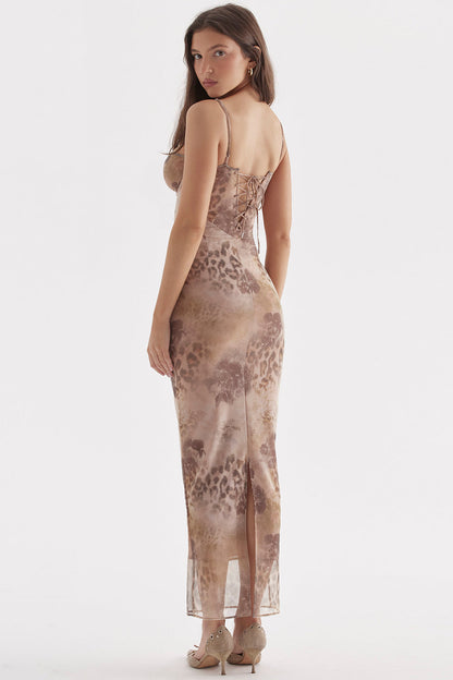 INDIGO - LEOPARD PRINT SLIM STRAP MIDI DRESS