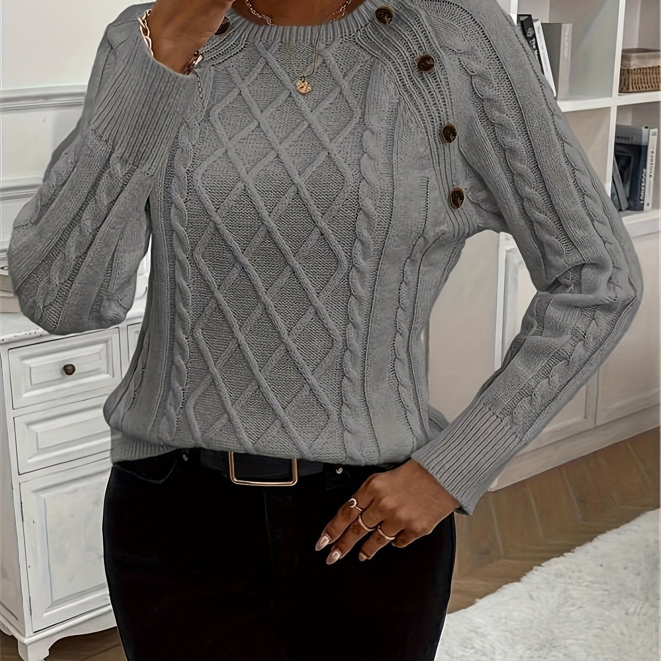 Evy | Plain Knitted Cable Sweater Round Neck