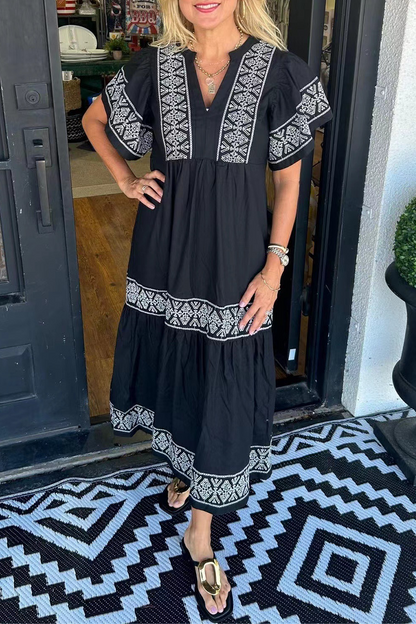 ESTELLA - GEOMETRIC PATCHWORK V-NECK A-LINE DRESS