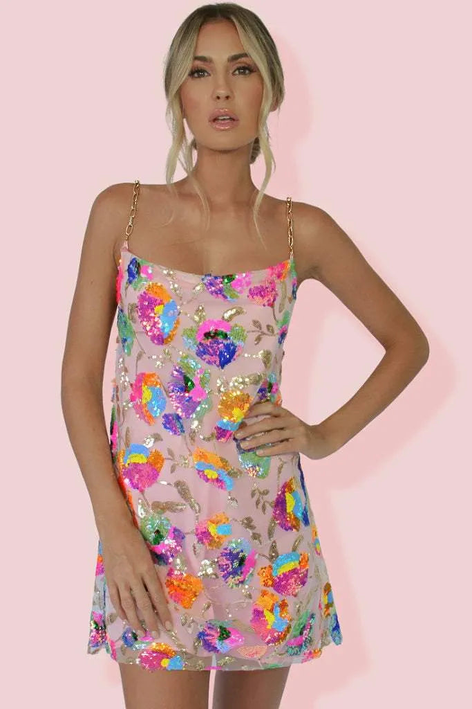 Saffron - Glittering Sequin Floral Dress