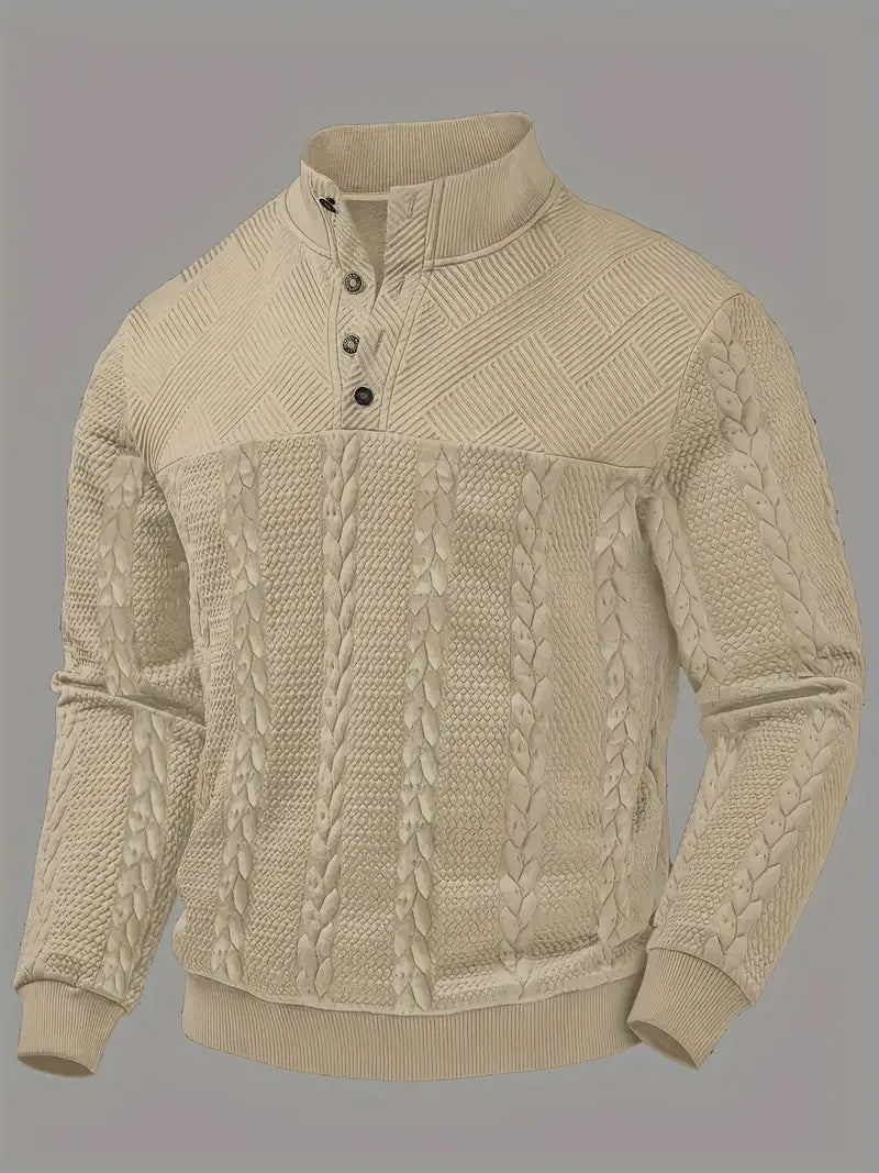 ENZO - TEXTURED BUTTON-COLLAR KNIT PULLOVER