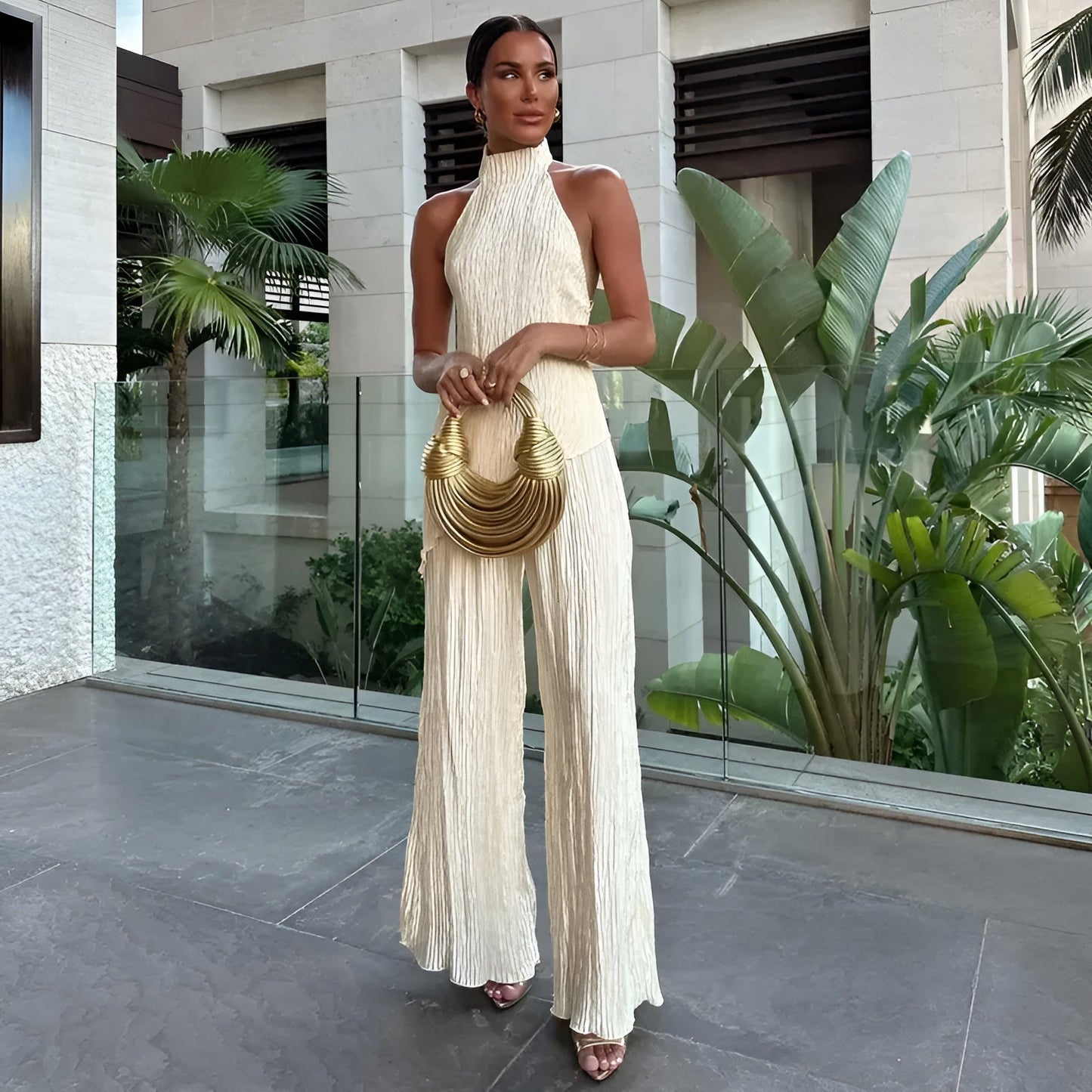 Hazel - Asymmetric Halter Crop Top With Wide Leg Pants Set