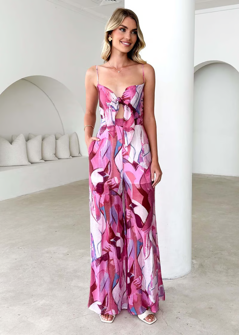 Jamie - Printed tie straps and bowknots jumpsuit