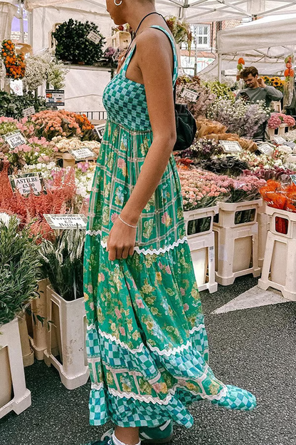 Pola - Green floral print vacation Maxi Dress