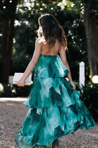 Chelsea - Off Shoulder Bandeau Printed Tiered Maxi Dress
