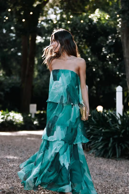 Chelsea - Off Shoulder Bandeau Printed Tiered Maxi Dress