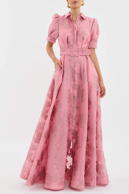 Aven - Retro Pink Lapel High Waist Dress