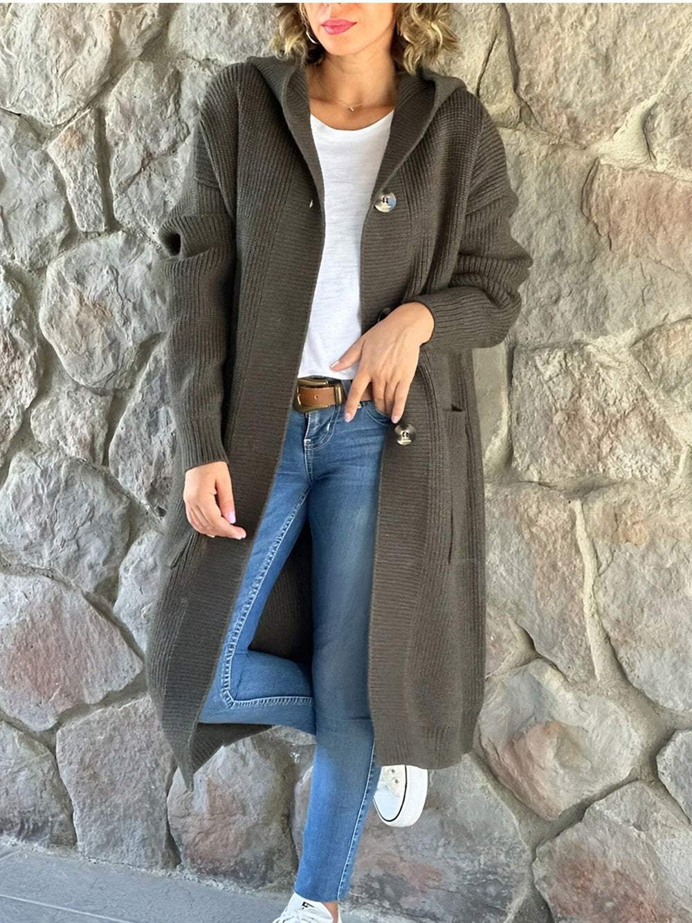 VENA - CREAM KNITTED COAT WITH HOOD