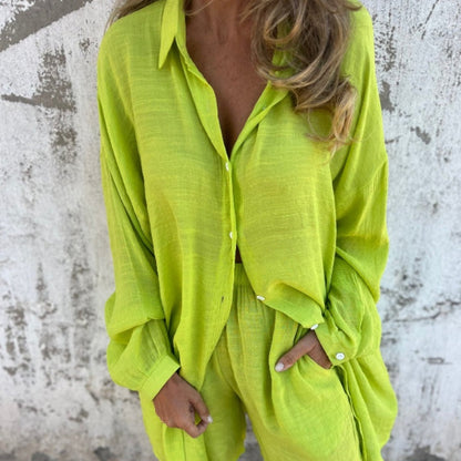 JENNY -  CASUAL LONG SLEEVE SHIRT & SHORTS SET