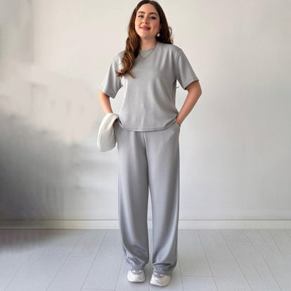 JENNIE - LIGHTWEIGHT ROUND COLLAR TOP AND FLEXIBLE WAIST SLACKS