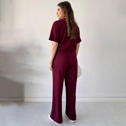 JENNIE - LIGHTWEIGHT ROUND COLLAR TOP AND FLEXIBLE WAIST SLACKS
