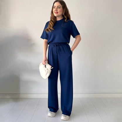 JENNIE - LIGHTWEIGHT ROUND COLLAR TOP AND FLEXIBLE WAIST SLACKS